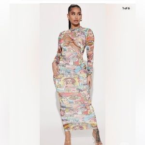 Fashion Nova Comic Print Cutout Maxi Dress – Size XS (NWT)